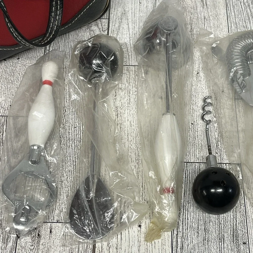 VTG Bowling 300 Bar‎ Set Cocktail Tools Pin & Ball Handles Mini Bag MCM NOS